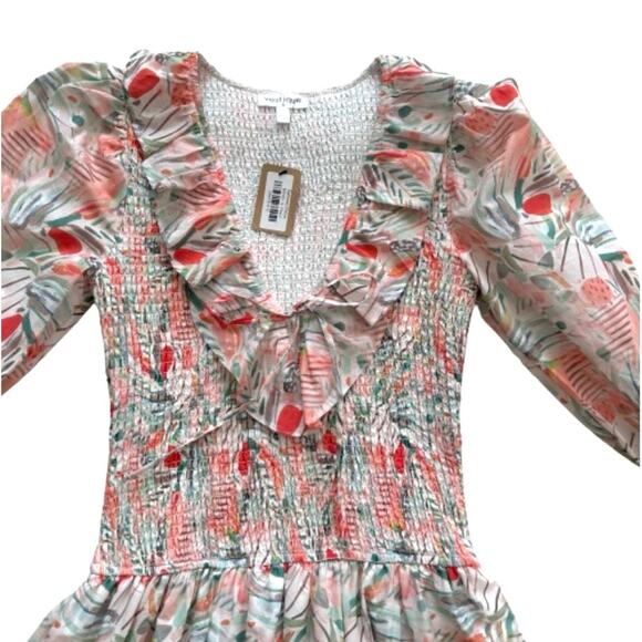 Vestique Dress Sammie Peach Green Floral Smocked V-Neck Mini Dress Small NEW - Picture 7 of 13